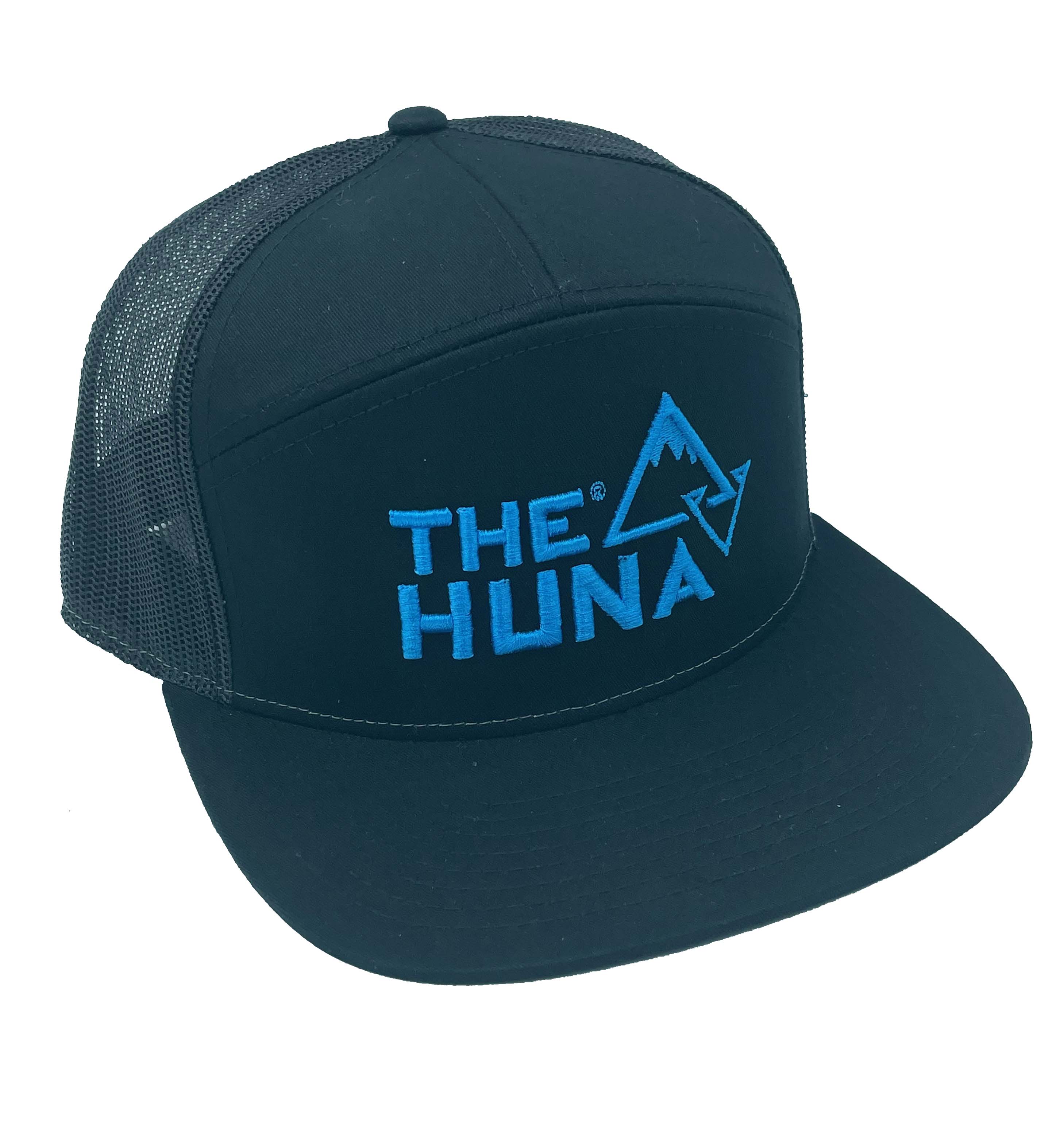 Black w/ Blue Logo - A Cotton Twill, Mesh Backed 7 Panel Hat with a Flat Bill, & Classic Snapback.