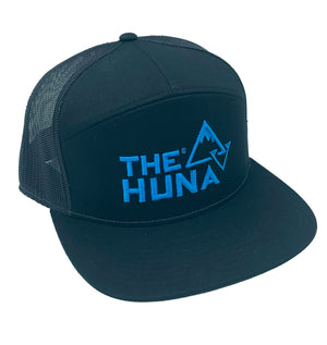 Black w/ Blue Logo - A Cotton Twill, Mesh Backed 7 Panel Hat with a Flat Bill, & Classic Snapback.